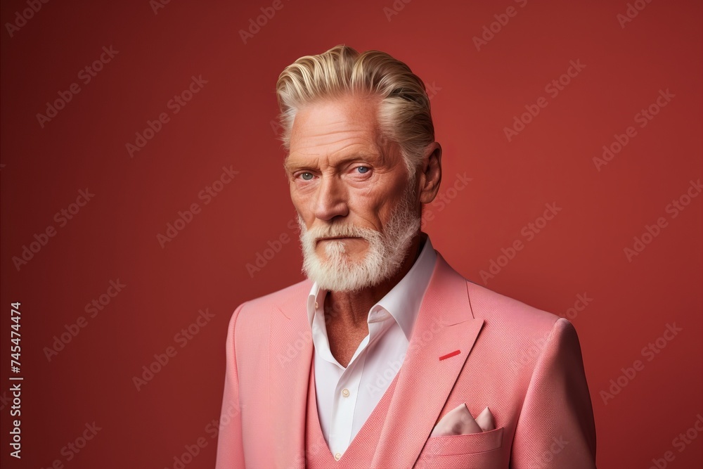 Elegant senior man in a pink suit. Studio shot on a red background.