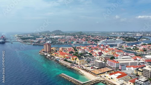 Willemstad, Curacao Sunrise Skyline Aerial Flyover Footage