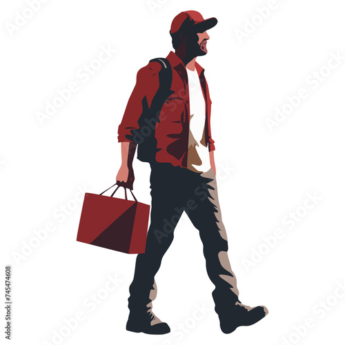 Delivery guy carries a paper bag and a backpack. A man in a uniform and cap with a package. Male delivery service employee. Vector illustration isolated on white. PNG            