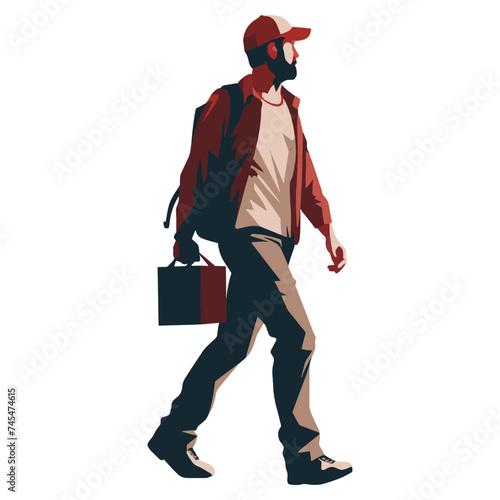Delivery guy carries a paper bag and a backpack. A man in a uniform and cap with a package. Male delivery service employee. Vector illustration isolated on white. PNG            
