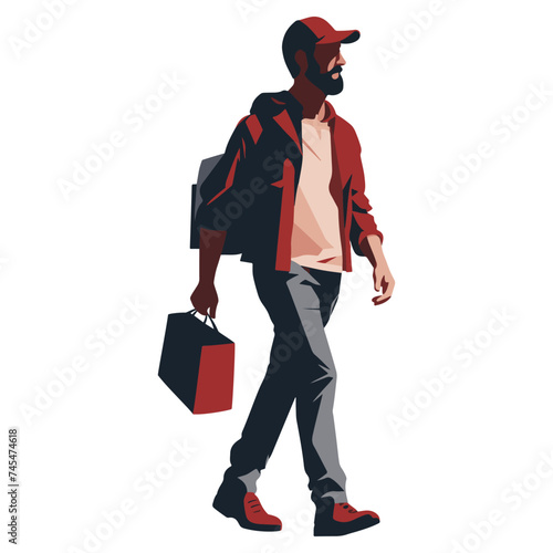 Delivery guy carries a paper bag and a backpack. A man in a uniform and cap with a package. Male delivery service employee. Vector illustration isolated on white. PNG            