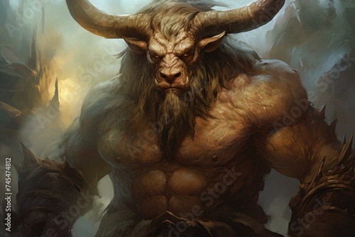 Minotaur myth with man warrior illustration. Evil beast creature near rock cave. Generate Ai
