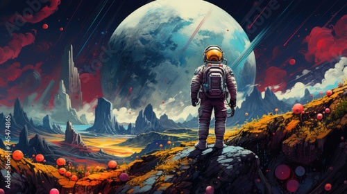 An astronaut stands on an alien planet with a giant moon backdrop photo