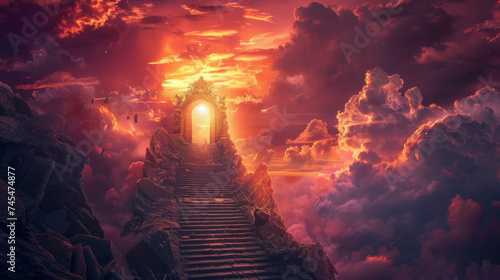  A Majestic Staircase to the Heavenly Gate Against a Crimson Sky
