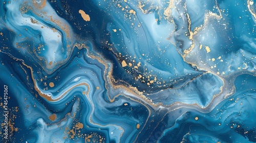 Abstract ocean- ART. Natural Luxury. Style incorporates the swirls of marble or the ripples of agate. Very beautiful blue paint with the addition of gold powder - generative ai