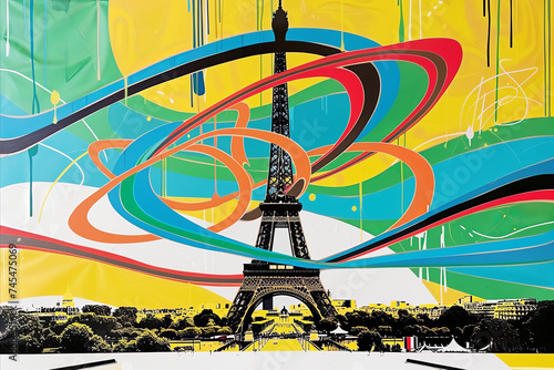 View of the Eiffel tower, Paris France with abstract colorful flowing lines
