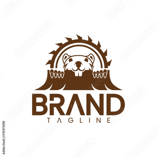 vector logo of beaver biting wood