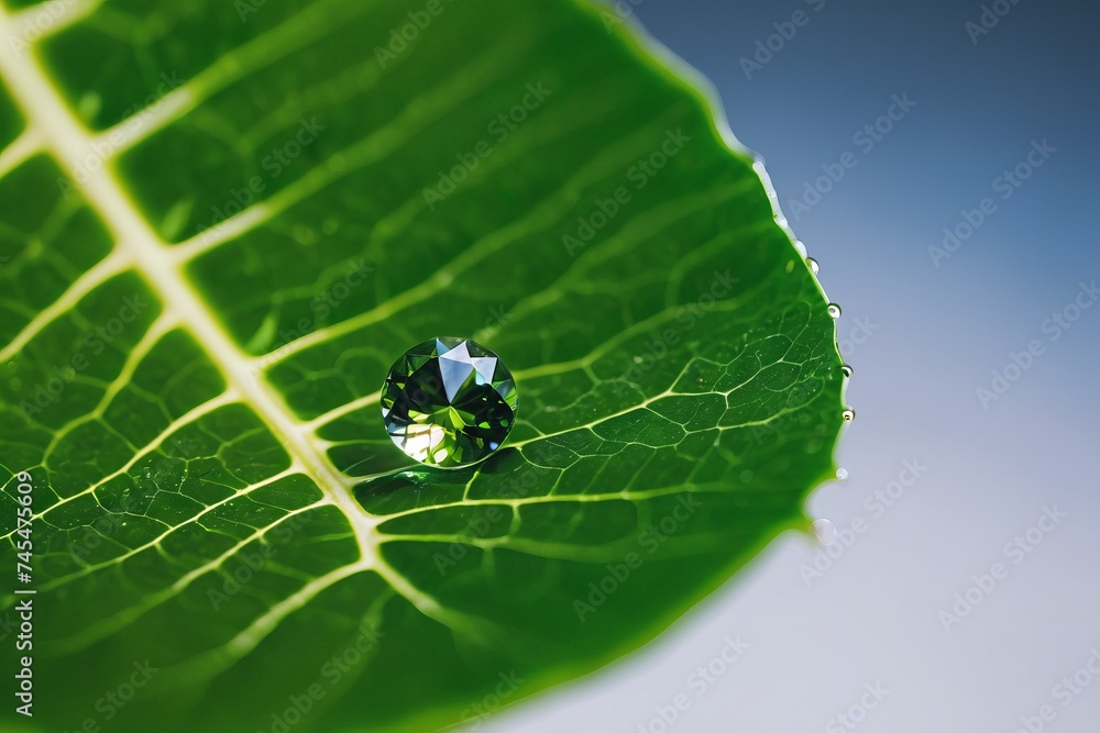 A crystal water drop on a green leaf, like a tiny Earth reflecting the sky A crystal water drop on a green leaf, like a tiny Earth reflecting the sky