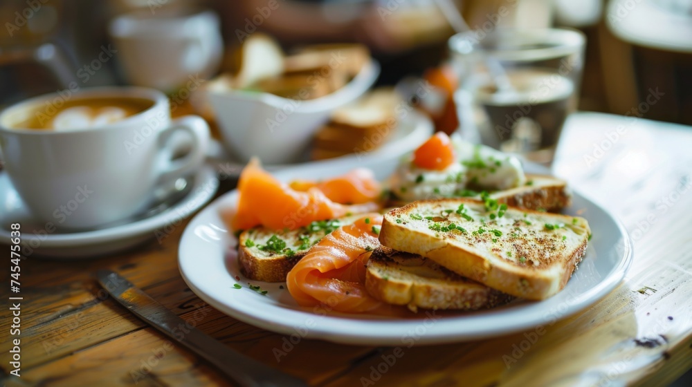Salmon toast. Bread and salmon breakfast background Salmon toast. Bread and salmon breakfast background