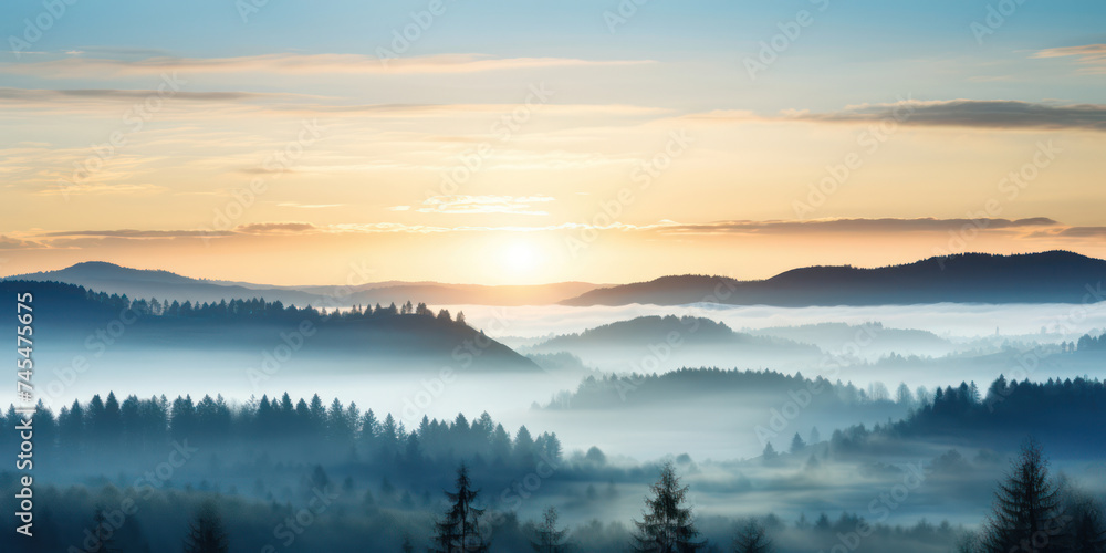 Misty Morning in Enchanting Forest: A Serene Landscape Bathed in Soft Sunrise Light, Featuring Majestic Mountains, Whispers of Ephemeral Fog, and a Canopy of Towering Trees.