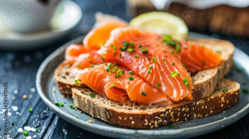 Salmon toast. Bread and salmon breakfast background photo