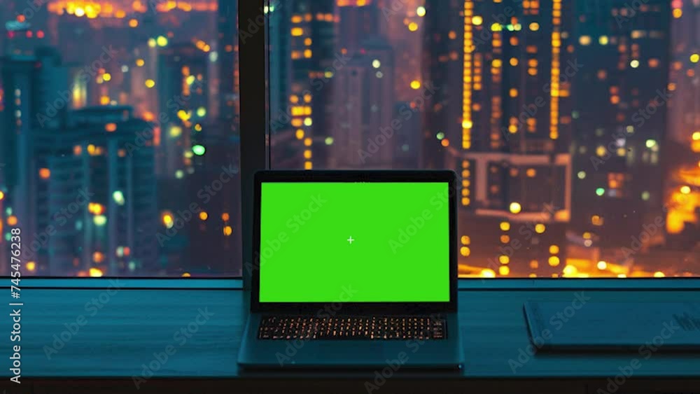 laptop on the table in front of the window showing the atmosphere of the city at night, the laptop screen is green screen laptop on the table in front of the window showing the atmosphere of the city at night, the laptop screen is green screen