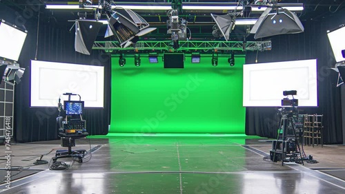 News broadcasting studio with green screen at the back photo