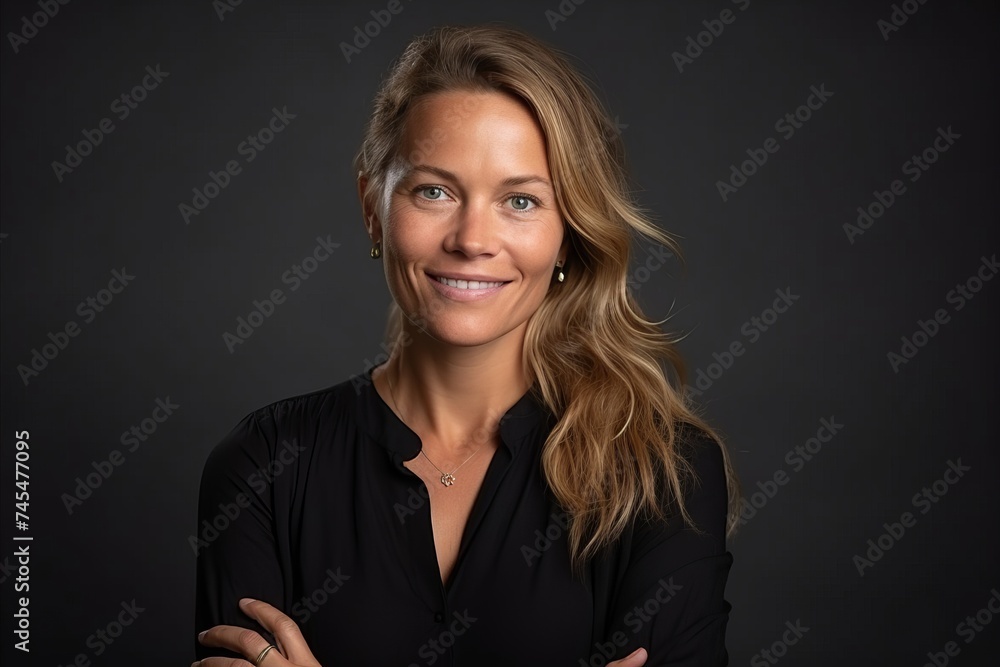 Portrait of a beautiful businesswoman smiling at the camera on a dark background Portrait of a beautiful businesswoman smiling at the camera on a dark background