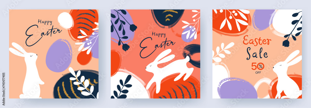 Set of Happy Easter greeting card with easter rabbit, eggs, roses, leaves, colorful floral bouquets, spring flowers compositions. Modern posters, web banners, sales or covers for Happy Easter.