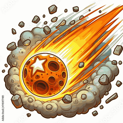 asteroid falls. meteor falling down, cartoon style, white background