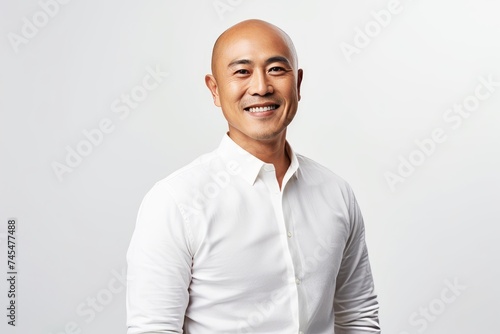 Portrait of a smiling asian man in white shirt over gray background