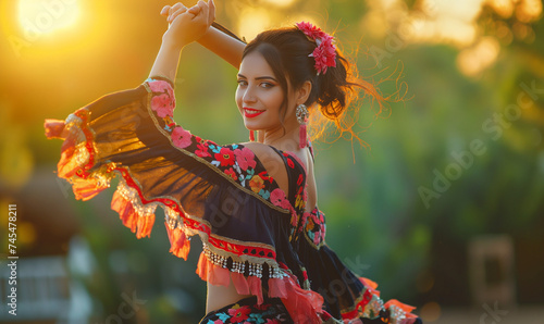 Fiestas de la calle san Sebastián, latina with white and red folklore dress dancing, puerto rico