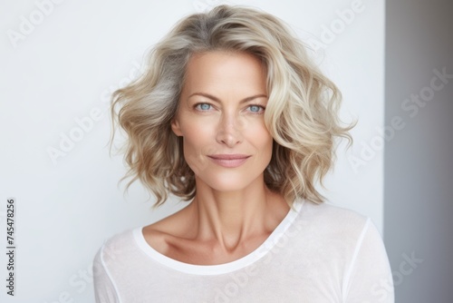 Portrait of a beautiful mature woman with blond hair standing against grey background