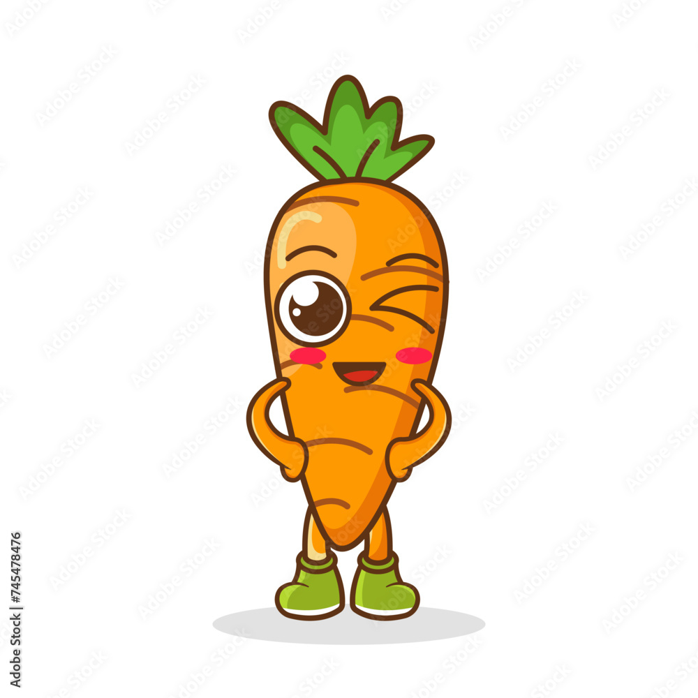 Fototapeta premium Vector illustration of carrot character with cute expression, lovely wink, happy, funny, carrot isolated on white background, simple minimal style, vegetable for mascot collection, emoticon, kawaii