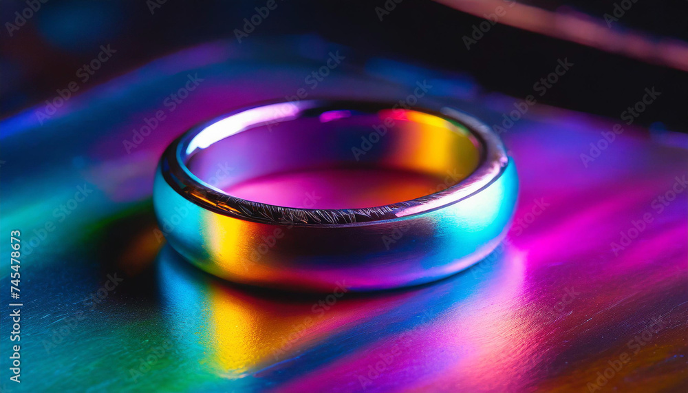 Iridescent ring, scratches, old, light, close-up Iridescent ring, scratches, old, light, close-up