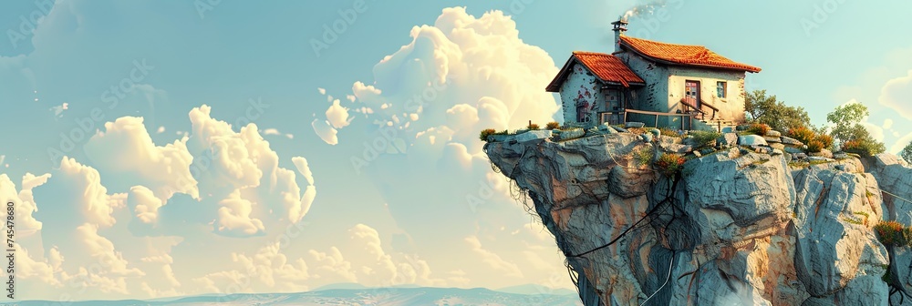 Small house on a cliff with a bright blue sky - obrazy, fototapety, plakaty 
