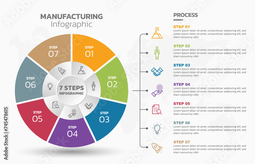 Visual data presentation. Cycle diagram with 7 options. Pie Chart Circle infographic template with 7 steps, options, parts, segments. Business concept. Marketing infographic vector illustration.