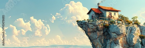 Small house on a cliff with a bright blue sky photo