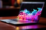 The image shows a laptop with bright colorful flames bursting out of the screen and keyboard in a dark room on a brown table. The flames are mostly blue, pink, and yellow.