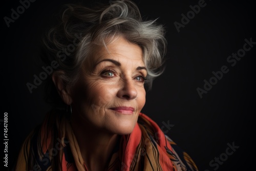 Portrait of a beautiful senior woman with scarf on dark background.