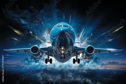 Passenger Airplane with Afterburner Flames and Smoke Powerfully Taking Off into the Dark Night Sky, Creating a Spectacular Illumination Scene that Captivates the Viewers Imagination.