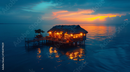 restaurant by the ocean of a tropical Island at sunset