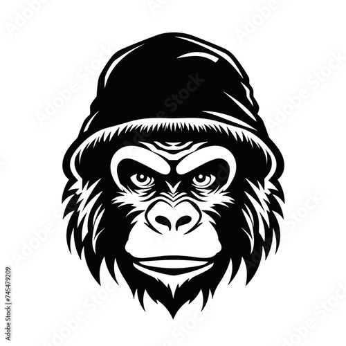 Monkey stylish rapper wearing panama black and white vector illustration isolated transparent background logo  cut out or cutout t-shirt print design