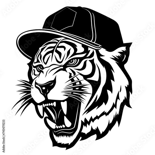 Tiger wearing a cap black and white vector illustration isolated transparent background logo, cut out or cutout t-shirt print design