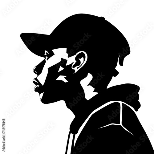 Black man african-american rapper wearing a cap black and white vector illustration isolated transparent background logo, cut out or cutout t-shirt print design