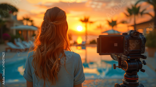 Rear view Video camera filming a woman acting for a social media movie in a luxury hotel, behind the scenes of a shoot. videography equipment shooting outdoors at sunset, influencer, blogger