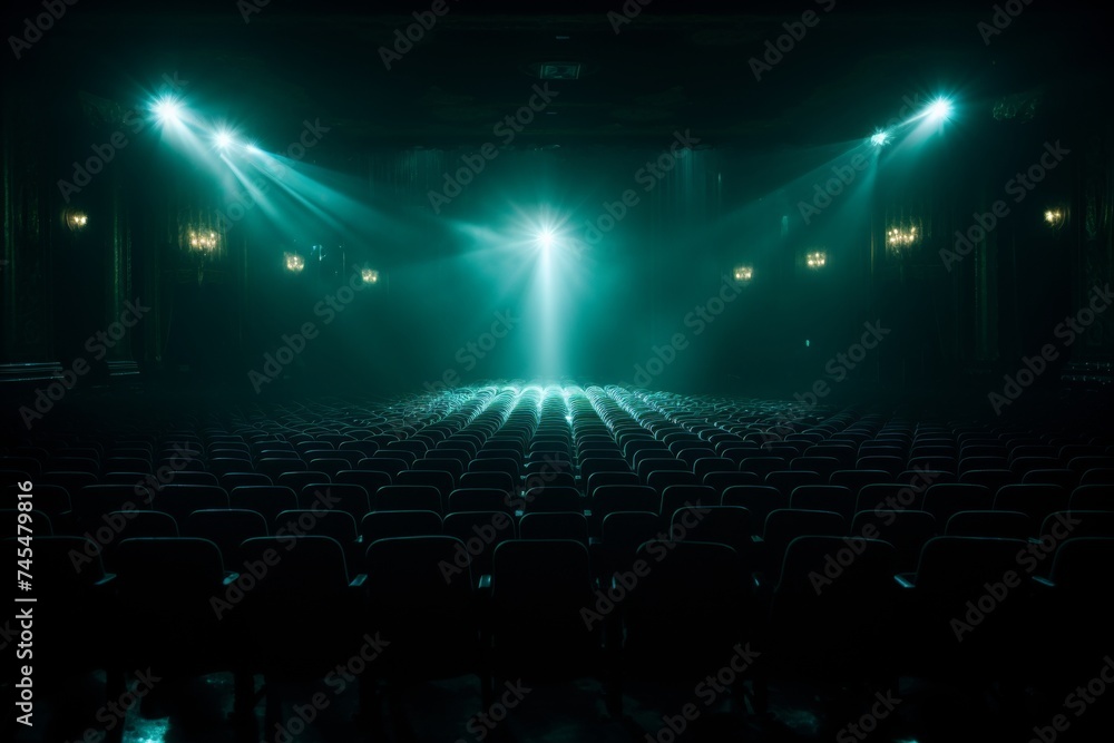 Empty theater auditorium with rows of plush red seats under a soft glow of a turquoise spotlight, creating an atmosphere of anticipation and excitement for the upcoming performance on stage. - obrazy, fototapety, plakaty 