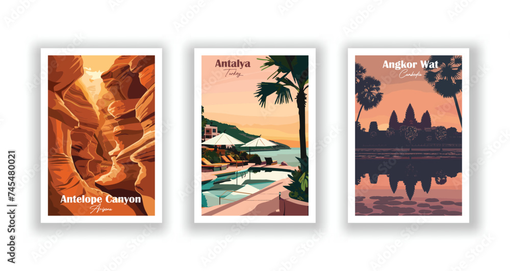 Obraz premium Angkor Wat, Cambodia. Antalya, Turkey. Antelope Canyon, Arizona - Set of 3 Vintage Travel Posters. Vector illustration. High Quality Prints