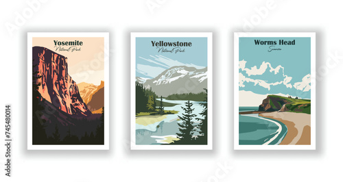 Worms Head, Swansea. Yellowstone, National Park. Yosemite, National Park - Set of 3 Vintage Travel Posters. Vector illustration. High Quality Prints