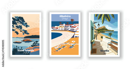 Aland Islands, Finland. Albufeira, Portugal. Alcudia, Spain - Set of 3 Vintage Travel Posters. Vector illustration. High Quality Prints