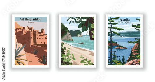 Abel Tasman, New Zealand. Acadia, National Park. Aït Benhaddou, Morocco - Set of 3 Vintage Travel Posters. Vector illustration. High Quality Prints