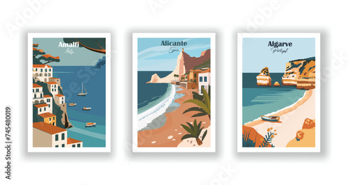 Algarve  Portugal. Alicante  Spain. Amalfi  Italy - Set of 3 Vintage Travel Posters. Vector illustration. High Quality Prints