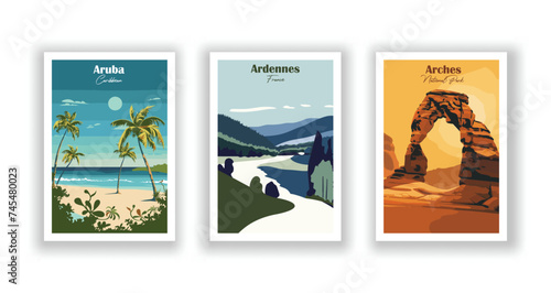 Arches, National Park. Ardennes, France. Aruba, Caribbean - Set of 3 Vintage Travel Posters. Vector illustration. High Quality Prints