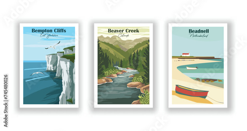 Beadnell, Northumberland. Beaver Creek, Colorado. Bempton Cliffs, East Yorkshire - Set of 3 Vintage Travel Posters. Vector illustration. High Quality Prints photo