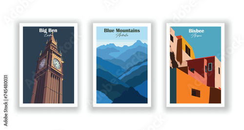 Big Ben, London. Bisbee, Arizona. Blue Mountains, Australia - Set of 3 Vintage Travel Posters. Vector illustration. High Quality Prints