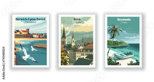 Bermuda, Caribbean. Bern, Switzerland. Berwick-Upon-Tweed, Northumberland - Set of 3 Vintage Travel Posters. Vector illustration. High Quality Prints