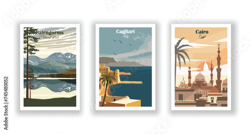 Cagliari, Italy. Cairngorms, National Park. Cairo, Egypt - Set of 3 Vintage Travel Posters. Vector illustration. High Quality Prints