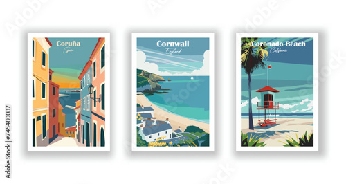 Cornwall, England. Coronado Beach, California. Coruña, Spain - Set of 3 Vintage Travel Posters. Vector illustration. High Quality Prints