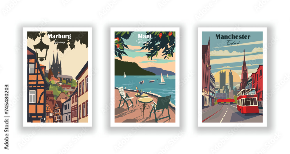 Manchester, England. Mani, Peninsula. Marburg, Germany - Set of 3 Vintage Travel Posters. Vector illustration. High Quality Prints