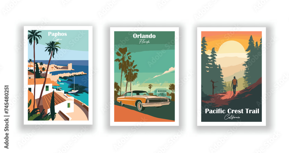 Orlando, Florida. Paphos, Cyprus. Pacific Crest Trail, California - Set of 3 Vintage Travel Posters. Vector illustration. High Quality Prints